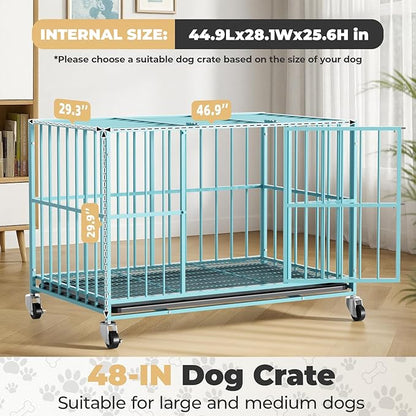 48 in Blue Heavy Duty Dog Crate Steel Escape Proof, Indoor Double Doors and Lockable Wheels,Removable Tray, for Extra Dog Breeds,XL,XXL