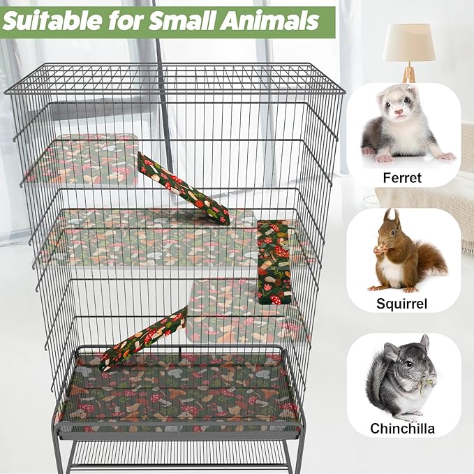 Bienbee Ferret Cage Liner Set for Ferret Nation & Critter Nation Cage, Waterproof Ferrets Cage Accessories for Small Animals Rats Chinchillas Hedgehogs Ferrets(Green Mushroom,Ramp Covers-3 PCS)