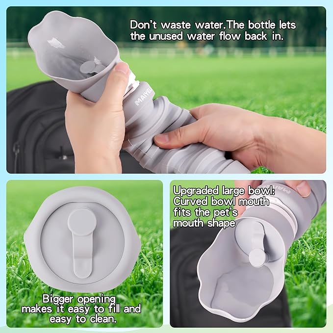 Dog Water Bottle Collapsible & Portable Squeeze, 9oz-17oz Water Dispenser & Folding Bowl,5 Levels Capacity in 1,Carabiner Clip,100% Food-Grade Silicone, Outdoor Walking,Hiking,Travel