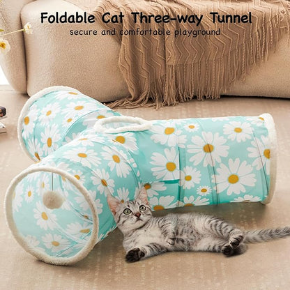 Tempcore Pet Cat Tunnel Tube Cat Toys 3 Way Collapsible, Cat Tunnels for Indoor Cats，Kitty Tunnel Bored Pet Toys Peek Hole Toy Ball, Puppy, Kitty, Kitten, Rabbit Daisy Blue Printed