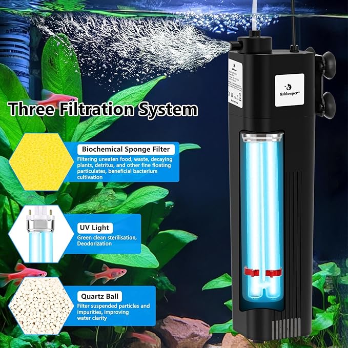 fishkeeper Aquarium Filter U-V for 40-150 Gallon, 211 GPH Fish Tank Filter for Green Water and Algae Clean, Ultra Silent Submersible Pump Filter with Adjustable Bubble Output for Deodorization Killing