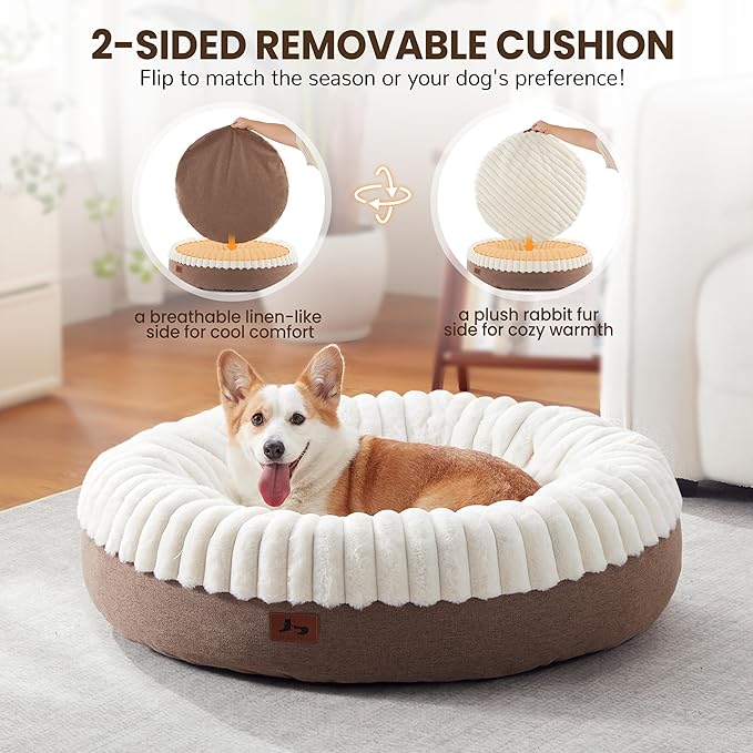 Calming Donut Dog Bed - 36" Round Washable Large Size Pet Bed for Dogs and Cats, Anti-Slip Corduroy Fleece Cat Bed, Anti-Anxiety Cushion with Anti-Slip Bottom