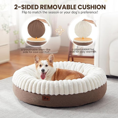 Calming Donut Dog Bed - 36" Round Washable Large Size Pet Bed for Dogs and Cats, Anti-Slip Corduroy Fleece Cat Bed, Anti-Anxiety Cushion with Anti-Slip Bottom