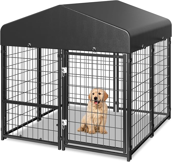 Outdoor Dog Kennel with Roof, Weatherproof Dog Kennel Outside with Removable Doggy Door, Backyard Dog Run Playpen Pet Enclosures for Medium to Small Dogs (4'L x 4'W x 4.6'H)