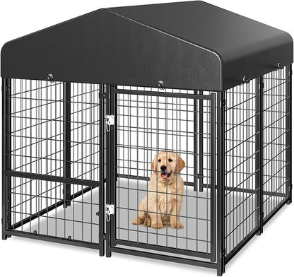 Outdoor Dog Kennel with Roof, Weatherproof Dog Kennel Outside with Removable Doggy Door, Backyard Dog Run Playpen Pet Enclosures for Medium to Small Dogs (4'L x 4'W x 4.6'H)