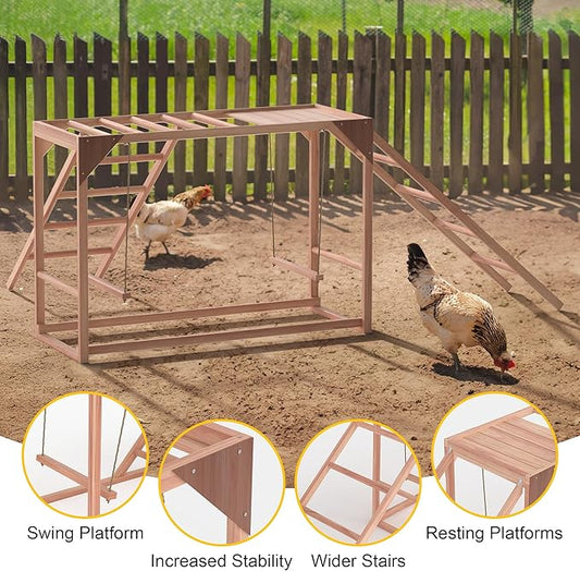 Chicken Activity Play, Multiple Bird Perches with Swing Toy, Wooden Chicken Coop Accessory with Ladder & Platforms Outdoor Birds Toy for Entertainment Backyard Poultry (D)