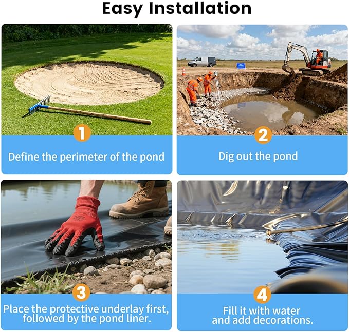 10 x 15 FT Pond Liner, 20 Mil Pond Liners for Outdoor Ponds, HDPE Pond Liner Leakproof Ecofriendly Easy Cut, Fish Pond Liner for Garden Ponds, Fish Ponds, Water Features