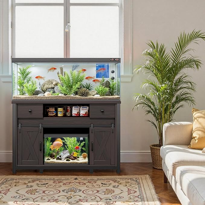 Miereirl 55-75 Gallon Fish Tank Stand with Power Outlet – Heavy Duty Aquarium Stand, Rustic Farmhouse Style, 800 lb Capacity, Adjustable Storage & Sliding Barn Doors, Dark Brown