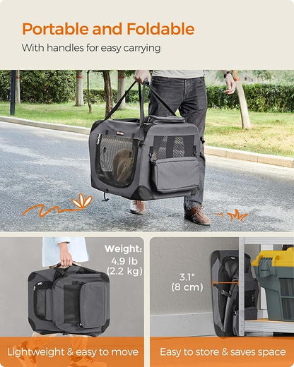 Feandrea 24 Inches Collapsible Soft Dog Crate, Portable Travel Dog Crate for Indoor and Outdoor Use, Dog Carrier Kennel with Safety Zippers, for Living Room, Car, Travelling, Camping, Gray UPDC60GY