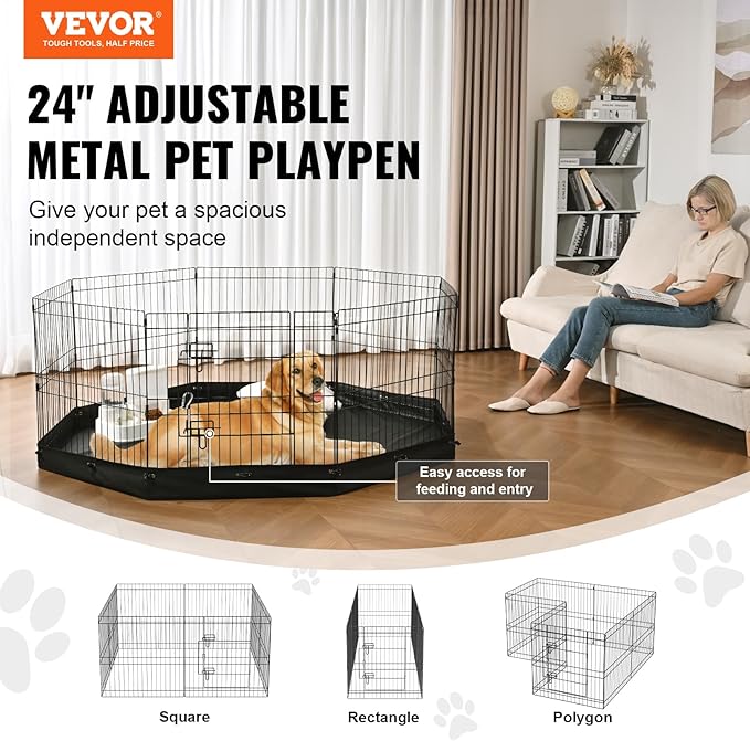 VEVOR Foldable Metal Dog Exercise Pen, Pet Playpen Dog Fence for Camping with Bottom Pad, 24" H 8 Panels, Puppy Crate Kennel Indoor Outdoor for Small & Medium Dogs, Both for Home & Yard Use