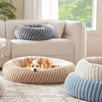 MIXJOY Calming Dog Beds Large Sized Dogs - Washable Donut Large Dog Bed, Round Fluffy Plush Faux Fur Pet Bed with Anti-Slip Bottom, 36"x36"x10", Beige