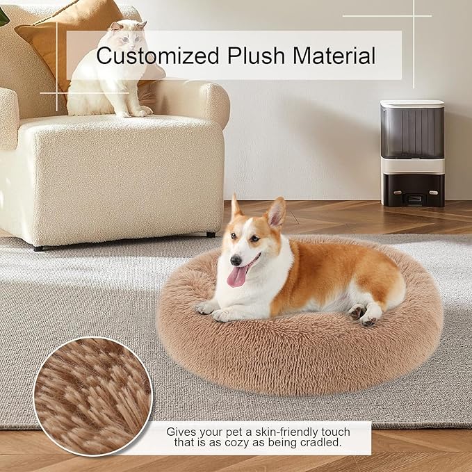 Dog Bed, Cat Calming Bed, Faux Fur Pillow Pet Donut Cuddler Round Plush Bed for Large Medium Small Dogs and Cats, Pet Bed(44"x44"(Pack of 1), Camel)