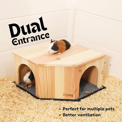 Wooden Guinea Pig Corner Hideout - Hidey for Chinchilla, Rat and Hedgehog with Pee Pad, Fully Assembled & Dual Entrances - Guinea Pig Accessories by The Kozko Hut