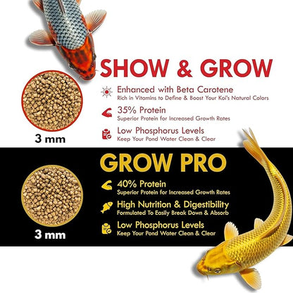 HALF OFF PONDS Show & Grow Koi Fish Food - 10 lb Floating Pellets, 3mm Size - Goldfish Food for Ponds - 35% Protein with Beta Carotene & Vitamins - Enhances Color Vibrancy & Body Definition