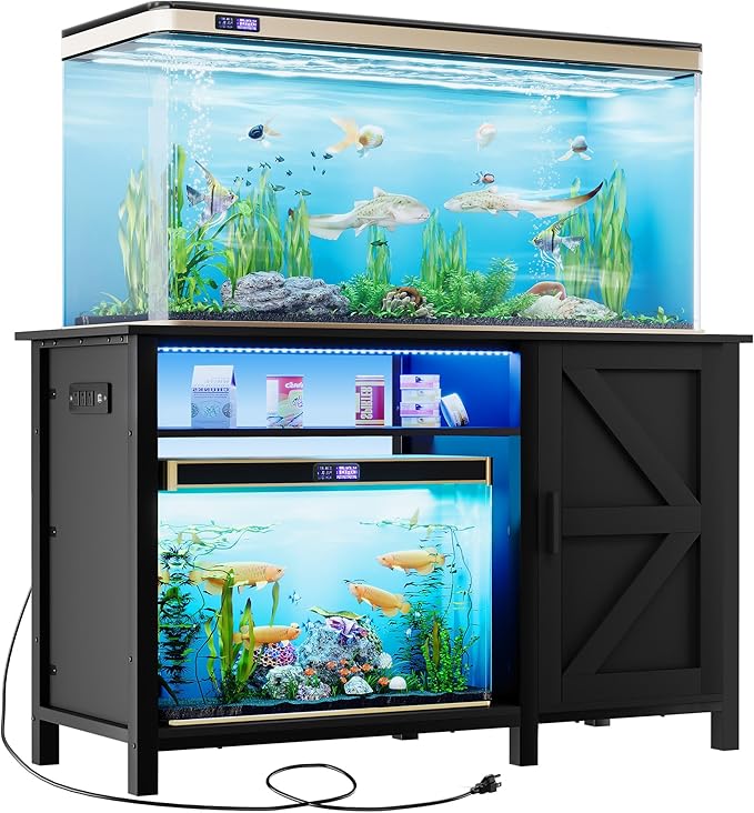 DWVO Aquarium Stand for 55-75 Gallon Fish Tank with Additional 20 Gallon Space and LED Lights, Fish Tank Stand with Adjustable Dividers and Power Outlets, Suitable for Turtle Tank Terrarium, Black