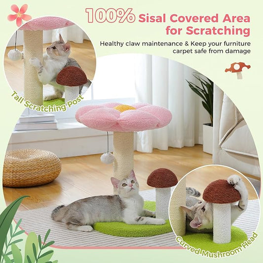 PETEPELA Cat Scratching Post, Mushroom Cat Scratcher Cute Cat Tree Tower with Thick Scratching Post & Removable Flower Cats Bed [Dia=15.7''], Tall Post for Kittens and Indoor, Pink