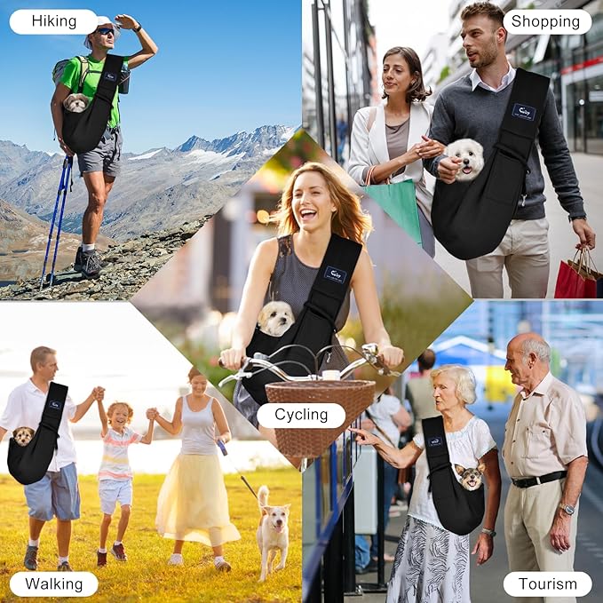 CUBY Dog and Cat Sling Carrier - Hands Free Reversible Pet Papoose Bag - Soft Pouch and Tote Design - Suitable for Puppy, Small Dogs Cats Outdoor (Black Senior, Unadjustable Strap)