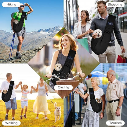 CUBY Dog and Cat Sling Carrier - Hands Free Reversible Pet Papoose Bag - Soft Pouch and Tote Design - Suitable for Puppy, Small Dogs Cats Outdoor (Black Senior, Unadjustable Strap)