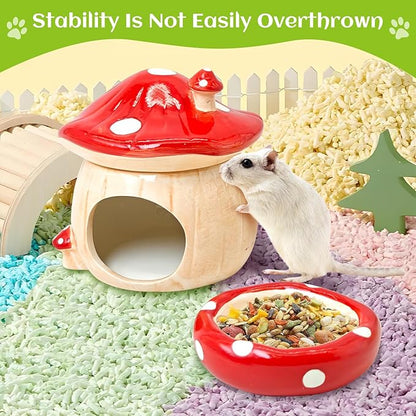 BNOSDM 3 in 1 Ceramic Hamster Hideout Hamster Food Bowl Hamster Water Bottle with Stand for Glass Tanks - Mushroom Shape Hamster Cage Accessories Cool Hides for Dwarf Syrian Mice Gerbils (Red)