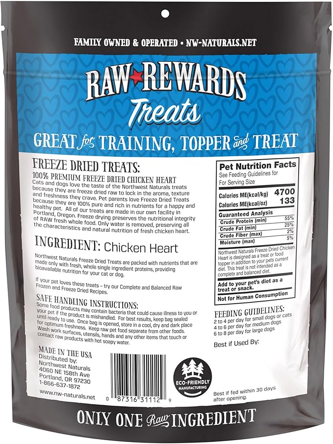 Northwest Naturals Raw Rewards Freeze-Dried Chicken Heart Treats for Dogs and Cats - Bite-Sized Pieces - Healthy, 1 Ingredient, Human Grade Ingredients, Natural, Proudly Made in USA, 3 Oz (Pack of 3)