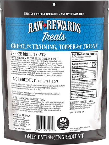 Northwest Naturals Raw Rewards Freeze-Dried Chicken Heart Treats for Dogs and Cats - Bite-Sized Pieces - Healthy, 1 Ingredient, Human Grade Ingredients, Natural, Proudly Made in USA, 3 Oz (Pack of 3)