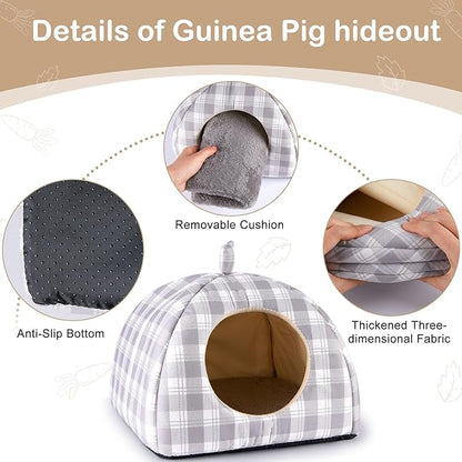 Bienbee Guinea Pig Hideout, Washable Rabbit Bed with Guinea Pig Tunnel, 2 Pack Guinea Pigs Toys Set Bunny Hideout Cage Accessories for Hamster Ferret Rabbits Bunny,Gray Grid