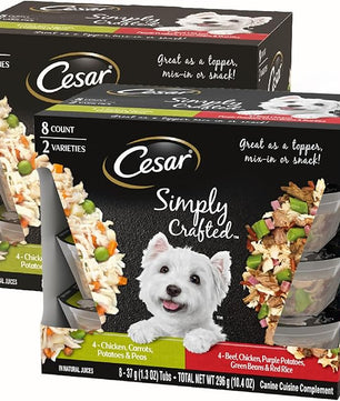 Cesar Simply Crafted Adult Wet Dog Food Meal Topper, Chicken, Carrots, Potatoes & Peas and Beef, Chicken, Purple Potatoes, Green Beans & Red Rice Variety Pack, 1.3oz. (8 Count, Pack of 2)