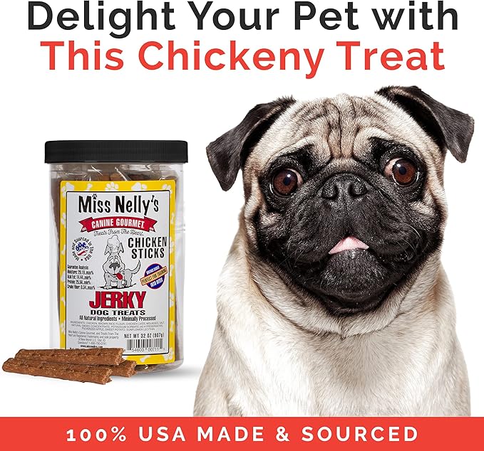 Miss Nelly's - Chicken Jerky Dog Treats - Soft Sticks - USA Made and Sourced - Original Smoke House Recipe - Small Batch Chicken Jerky for Dogs - Minimally Processed - 32 oz. Jar