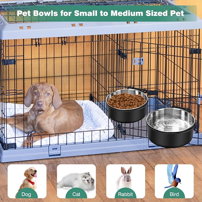 Dog Crate Water Bowl No Spill, 2 Pack Dog Crate Bowls Hanging, Kennel Water Food Bowls Mountable, Pet Cage Accessories Feeder Dish, Large Stainless Steel Coop Cup for Cat Puppy Bunny Guinea Pig Ferret