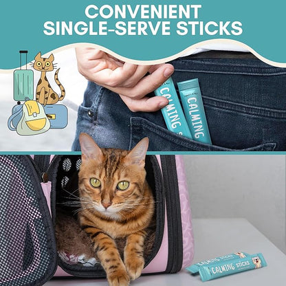 ALBERT & MIA Calming Sticks Lickable Cat Calming Treats - Stress & Cats Anxiety Relief - Irresistible - Vet Cat Calm Supplement Care (Kitten Sleep Aid, Grooming, Car Rides, Travel) 20 Pack