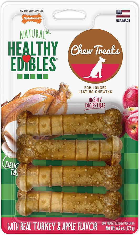 Nylabone Healthy Edibles Natural Dog Chews Long Lasting Turkey & Apple Flavor Treats for Dogs, Small/Regular (4 Count)