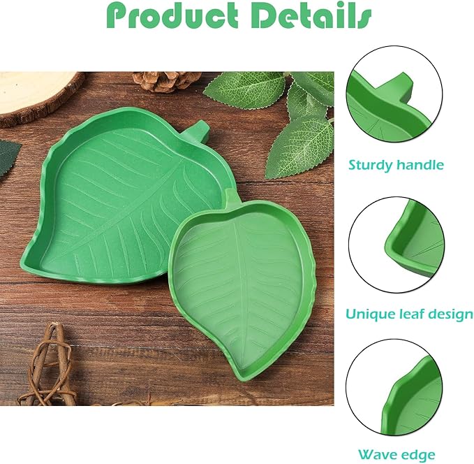 KABASI 2PCS Leaf Reptile Water Dish with Tweezers, Reptile Habitat Accessories Food Bowl, Pet Feeding Plate for Tortoise Corn Snake Bearded Dragon Snake Lizard Drinking and Eating, 2 Sizes