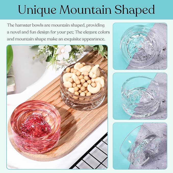 Baderke 2 Pcs Hamster Water Bowls Glass Hamster Food Bowls 35ml Mountain Style Drinking Container Anti Turning for Guinea Pig Gerbils Mice Rats Chinchilla Small Pets(Clear and Pink)