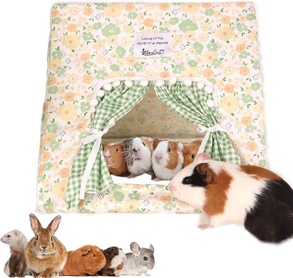 Guinea Pig Hideout Large with Curtain, Bunny Hideout, Machine Washable Guinea Pig Hide Tent Houses & Habitats, Small Animal Hideout for Pet Rabbit, Ferret, Rat, Chinchilla, Squirrel (Flower, Large)