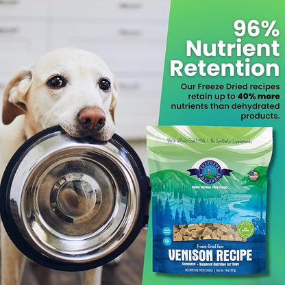 Freeze Dried Raw Dog Food, Venison Recipe, All Natural, No Synthetics, Made in USA with Goat's Milk & Organic Produce, High Protein, Complete Meal (14oz)