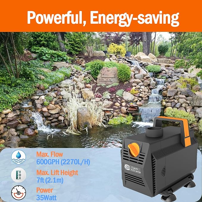 AquaMiracle 600GPH Aquarium Water Pumps (2270L/H, 35W) Fountain Pump Pond Pump Submersible Water Pump with Flow Control for Fountain, Waterfall, Statuary, Filtration, Water feature, Hydroponics