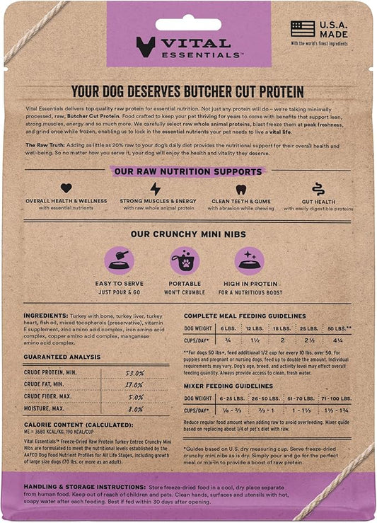 Vital Essentials Freeze-Dried Raw Turkey Meal or Mixer Dog Food Crunchy Mini Nibs, 5.5 oz