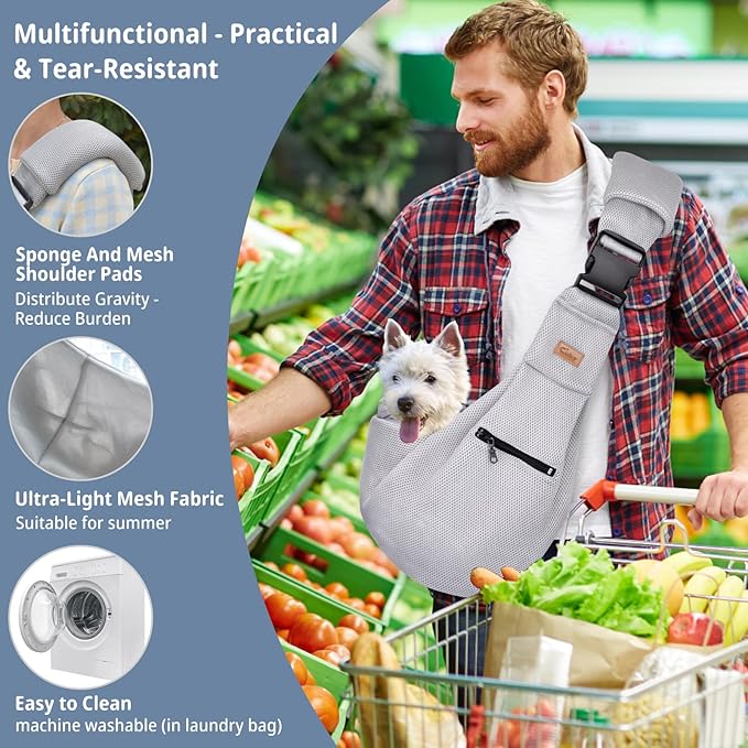 CUBY Dog and Cat Sling Carrier - Hands Free Breathable Mesh Small Dog Sling Carrier-Soft Pouch and Tote Design-Suitable for Puppy, Small Dog Cat Pets Carriers Sling Outdoor(Grey-Mesh,Adjust Strap 2.0)
