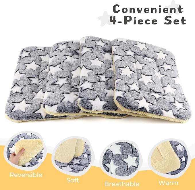 4-Pack Rabbit Bed, Washable Bunny Mat, Fleece Guinea Pig Bedding, Soft Flannel Small Animal Cage Liner, Blanket for Hamster Ferret - 19"x13"