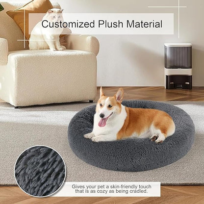 Dog Bed, Cat Calming Bed, Faux Fur Pillow Pet Donut Cuddler Round Plush Bed for Large Medium Small Dogs and Cats (Light Grey, 44.0" L x 44.0" W x 7.0" Th)