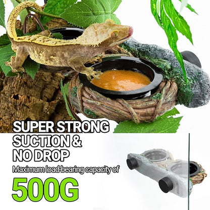 REPTI ZOO Magnetic Reptile Feeding Ledge, Gecko Feeder Ledge with 4PCS Cups, Hollow Vine Food Dish, Reptile Water Bowl for Bearded Dragon Lizard Snake, Reptile Terrarium Tank Accessories