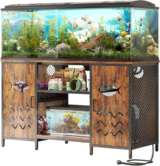 55-75 Gallon Fish Tank Stand with Power Outlet, 48 Inch Aquarium Stand with Cabinet and Shelf, Heavy Duty Metal Rack for Turtle Tank, Reptile Terrarium, 52.7''L×20''W×30.7''H, Retro Brown