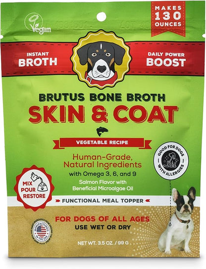 Brutus Broth Skin and Coat Meal Toppers for Dogs Mega Pack (Salmon Flavor) - Vegetable Broth Powder with Omegas 3, 6 & 9 - Dog Food Toppers for Dry Food - Makes 130oz of Liquid Bone Broth