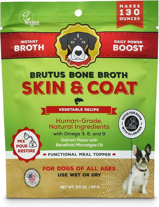 Brutus Broth Skin and Coat Meal Toppers for Dogs Mega Pack (Salmon Flavor) - Vegetable Broth Powder with Omegas 3, 6 & 9 - Dog Food Toppers for Dry Food - Makes 130oz of Liquid Bone Broth