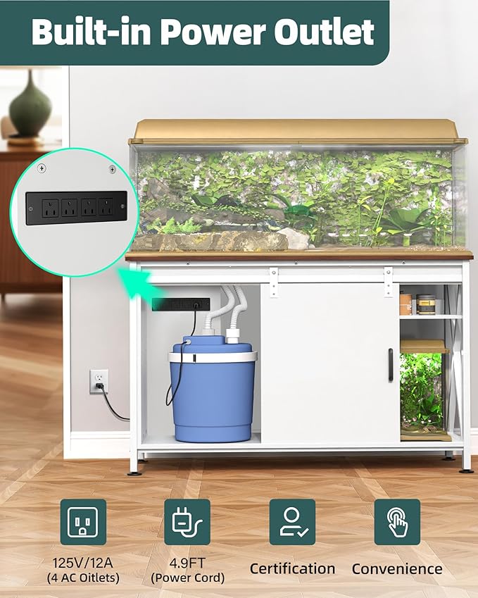 Aquarium Stand for Fish Tank: 55-75 Gallon Fish Tank Stand with Sliding Door - Heavy Duty Metal Aquarium Table with Power Outlet - 2-Tier Breeder Reptile Terrarium Stand for Home & Office(White)