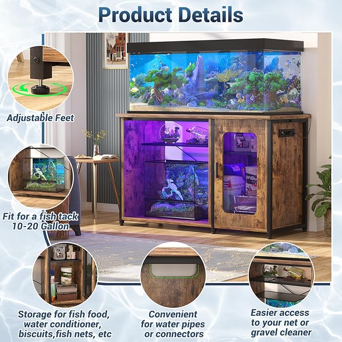 Unikito 55-75 Gallon Aquarium Stand with Power Outlets & LED Light, Reversible Fish Tank Stand with Cabinet for Fish Tank Accessories Storage, Heavy Duty Metal Frame, 880LBS Capacity, Rustic Brown