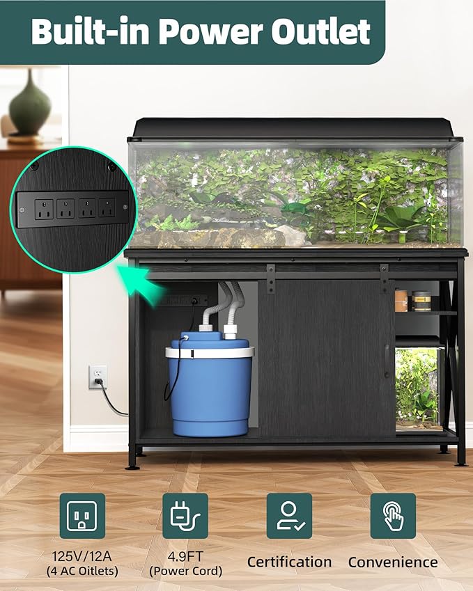 Aquarium Stand for Fish Tank: 55-75 Gallon Fish Tank Stand with Sliding Door - Heavy Duty Metal Aquarium Table with Power Outlet - 2-Tier Breeder Turtle Reptile Terrarium Stand for Home & Office