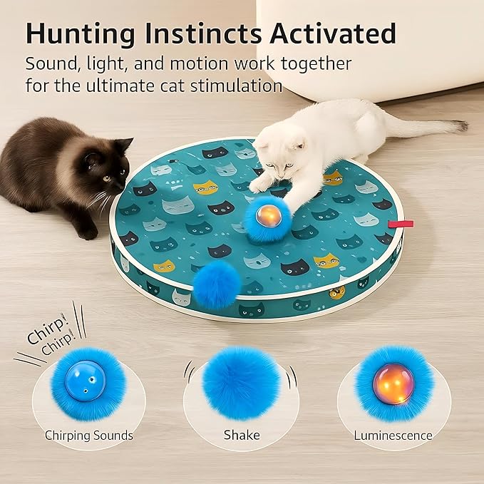 Interactive Cat Toys, Play Mat with Automatic Motion Balls, LED Lights, Bird Chirping Sound, 3 Speed Levels, Indoor Enrichment, Cat Pattern Design
