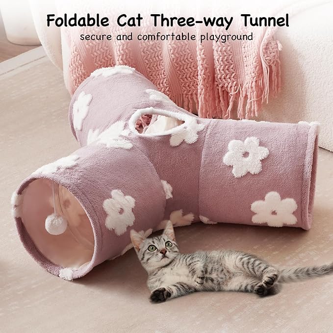 Tempcore Flannel Pet Cat Tunnel Tube Cat Toys 3 Way Collapsible, Cat Tunnels for Indoor Cats, Kitty Tunnel Bored Pet Toys Peek Hole Toy Ball Puppy, Kitty, Kitten, Rabbit Daisy Burlwood