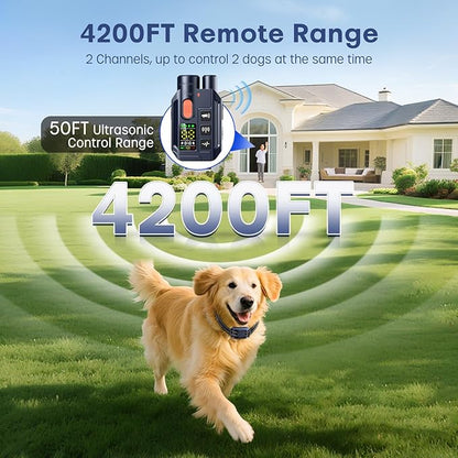 2 in 1 Dog Shock Collar &Dog Bark Deterrent Devices,4200FT Dog Training Collar with Remote, E Collar with Adjustable Beep, Vibration and Shock, IP67 Waterproof,50FT Ultrasonic(1-3L) Control Range